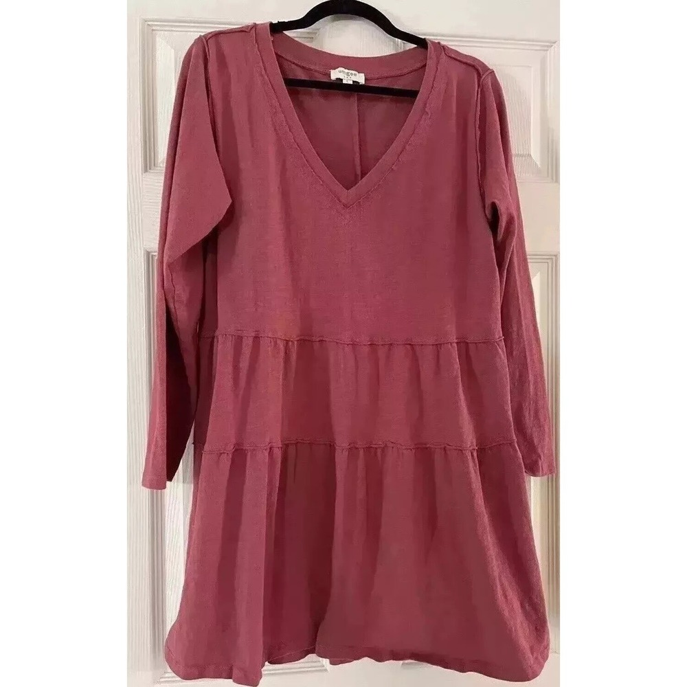 Umgee Rust Red Long Sleeve V-neck Tiered Mini Dress Size Large Orange